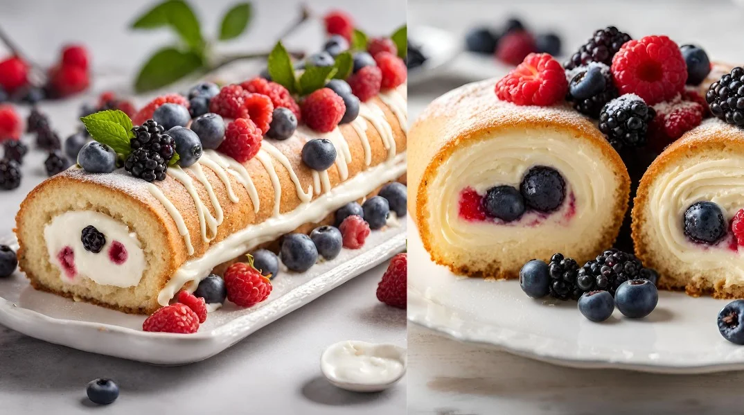 Vanilla Cake Roll With Cream And Berries